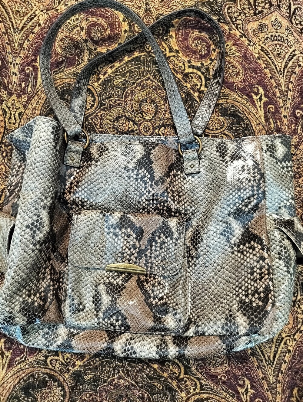 Gillian Snake-Print Shoulder Bag in Taupe, Black and Cream *MobWifeAesthetic